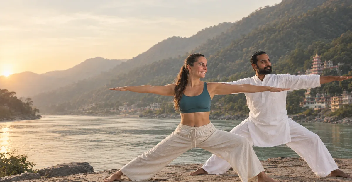 Mela and Abhishek in Warrior II on a riverbank at sunset, forested hills behind them.